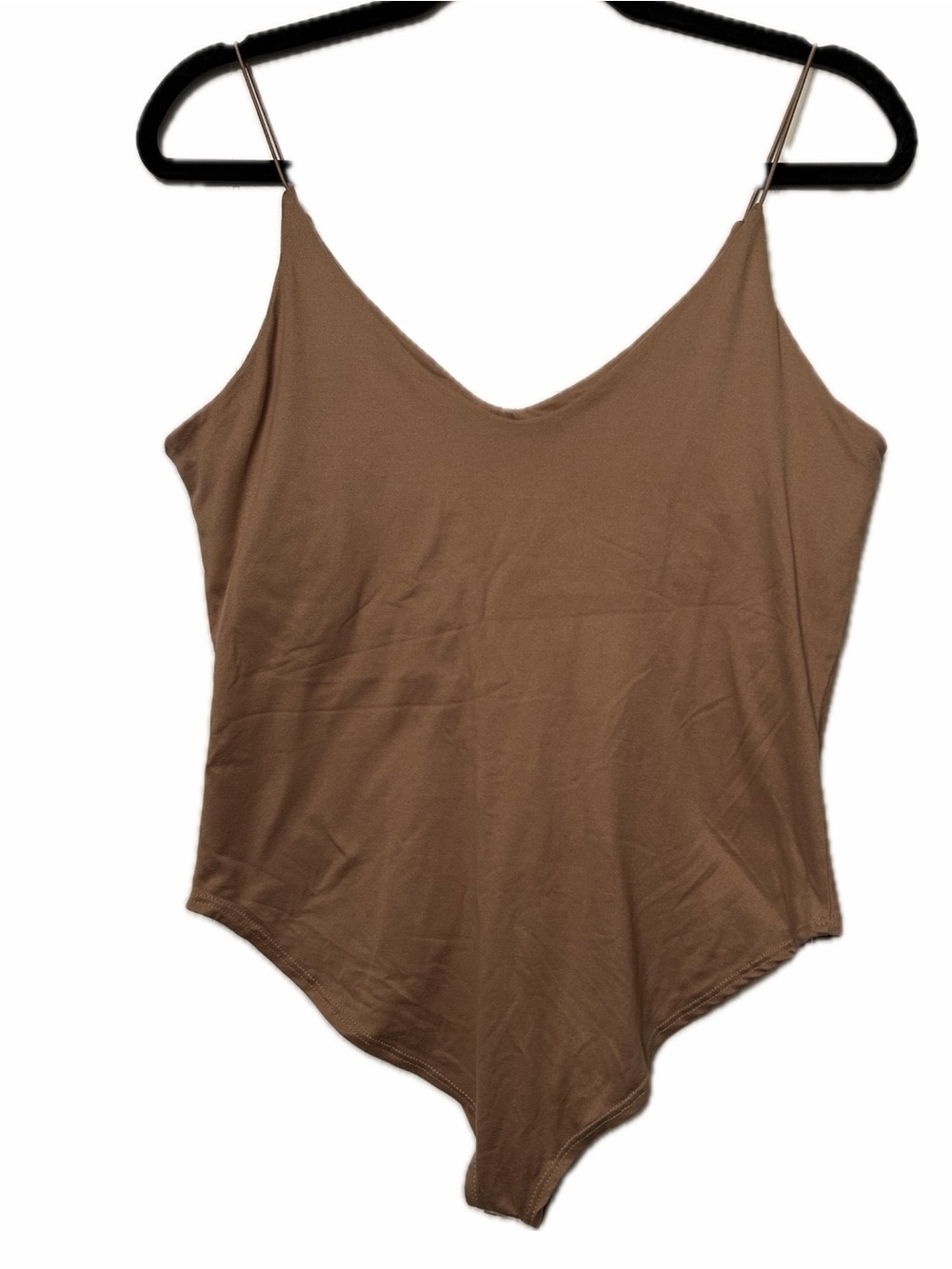 GAZE Caramel Sueded Bodysuit V Neck Bungee Strap Stretch Sz L Neutral Minimal - Picture 13 of 16